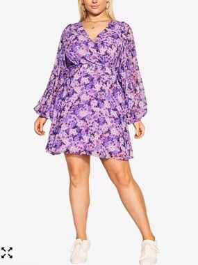 City Chic Khloe Lavender Purple Floral V-Neck Long Sleeve Mini Dress
